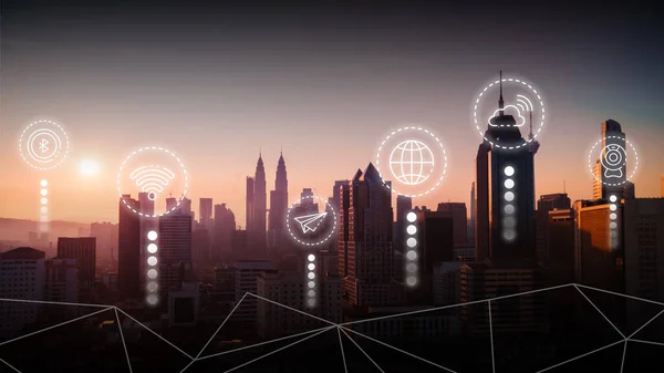 Intelligens Városi Kommunikációs Hálózati Koncepció Internet Dolgok Iot Nagy Adat — Stock Fotó