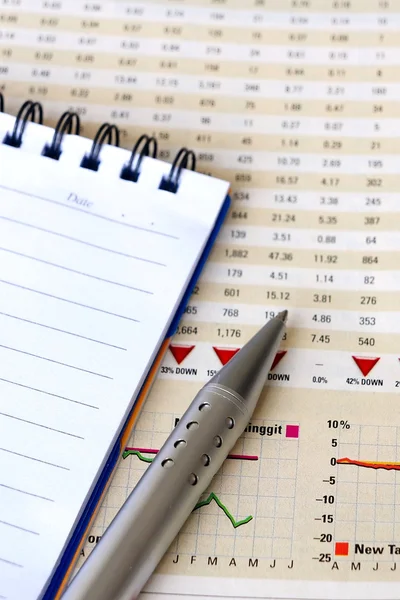 Caneta e bloco de notas sobre o relatório financeiro — Fotografia de Stock