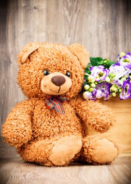  çiçek kutusu ve bir oyuncak ayı 