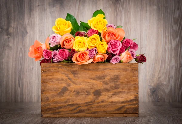 Bunte Rosen in der Schachtel — Stockfoto