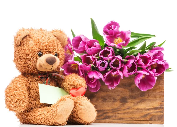 Tulipanes rosados y oso de peluche — Foto de Stock