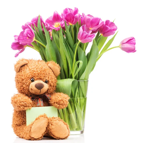 Tulpen in Vase und Teddybär — Stockfoto