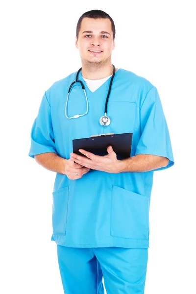 Médecin en uniforme avec dossier et stéthoscope — Photo