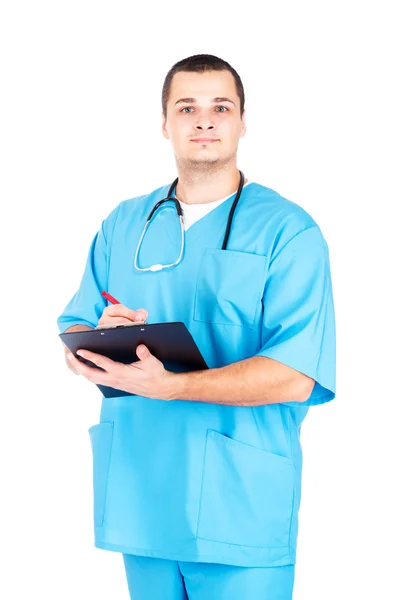 Dokter berseragam dengan folder dan stetoskop — Stok Foto