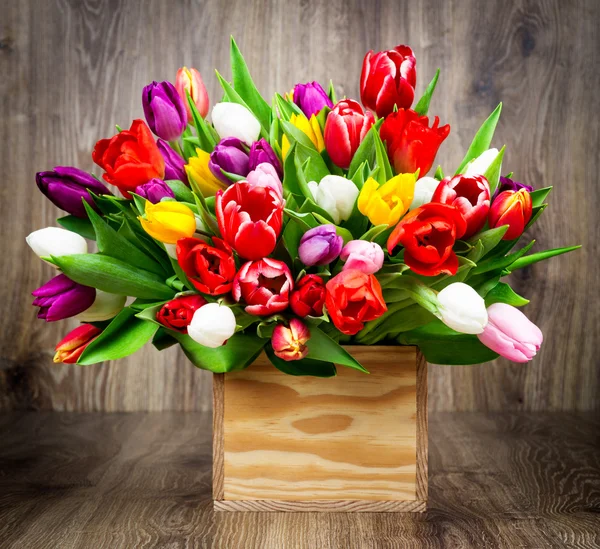 Bunte Tulpen im Kasten — Stockfoto