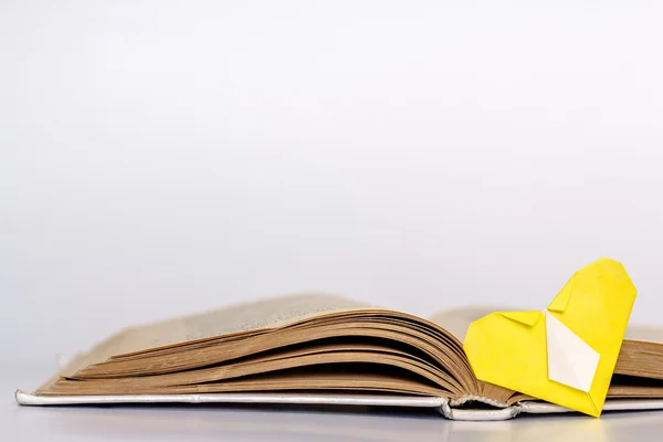 Livro aberto com coração de papel isolado no fundo branco — Fotografia de Stock