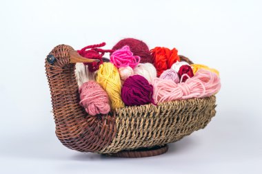 İzole yün iplik bobinleri sepeti içinde