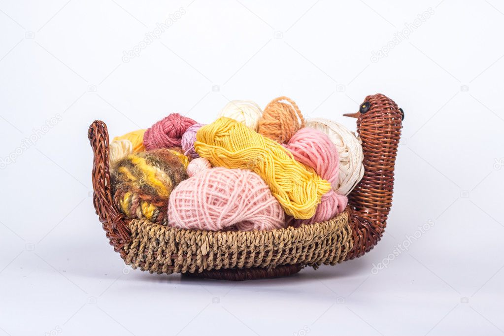 Isolated basket of wool yarn in coils