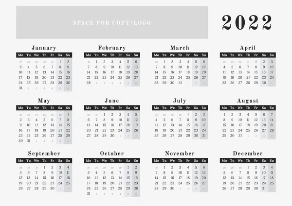 2022年日历 黑白设计 有复制或标识的空间 每周第一天为星期一 — 图库矢量图片