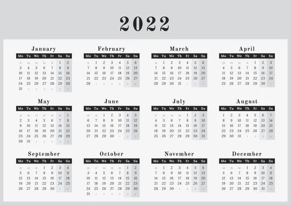 Year Calendar 2022 Wall Format Black White Design Space Copy — Stock Vector
