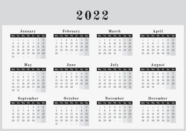 Calendário Ano 2022 Formato Parede Design Preto Branco Com Espaço — Vetor de Stock