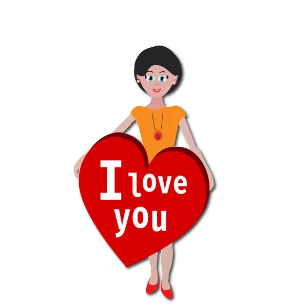 Dívka s I Love You srdce nálepka, vektorové ilustrace — Stockový vektor