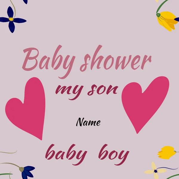 赤ちゃんはシャワー ボーイの男の招待状テンプレート ベクトル、ハートと花のイラストの小さな — ストックベクタ