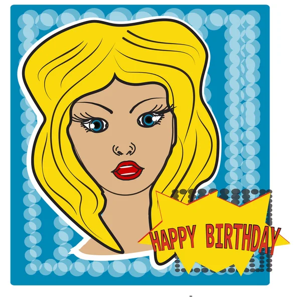 Muchacha de estilo de arte pop en medio tono de fondo con burbuja de cumpleaños feliz. Pegatina, póster. Vector — Archivo Imágenes Vectoriales