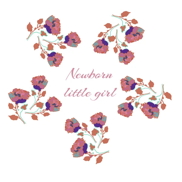 Carte pour bébé fille nouveau-né, cadre de roses. Vecteur — Image vectorielle