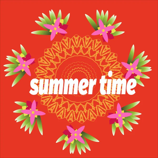 Plantilla horaria de verano para banner, postal con flor tropical y mandala — Vector de stock
