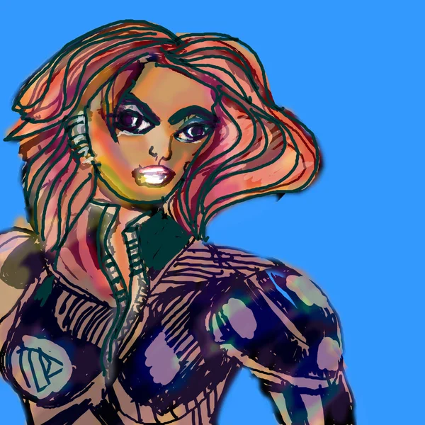 Amazonenkrieger, schmächtige Frau, schwarzes Kostüm — Stockfoto