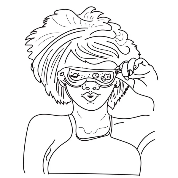 Una línea de dibujo mujer chica en gafas dispositivo realidad virtual — Vector de stock