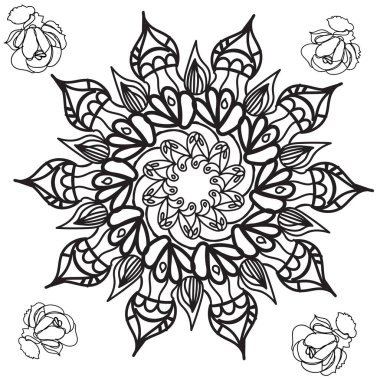 Yetişkin boyama kitabı için mandala ve güllerle boyama sayfası, el çizimi illüstrasyon