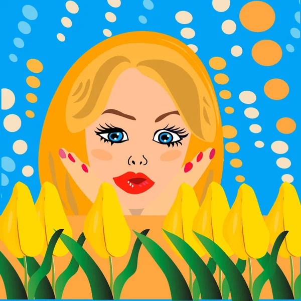 Pop Art Mulher excitada com tulipas de flores.. vector illustration.celebration —  Vetores de Stock