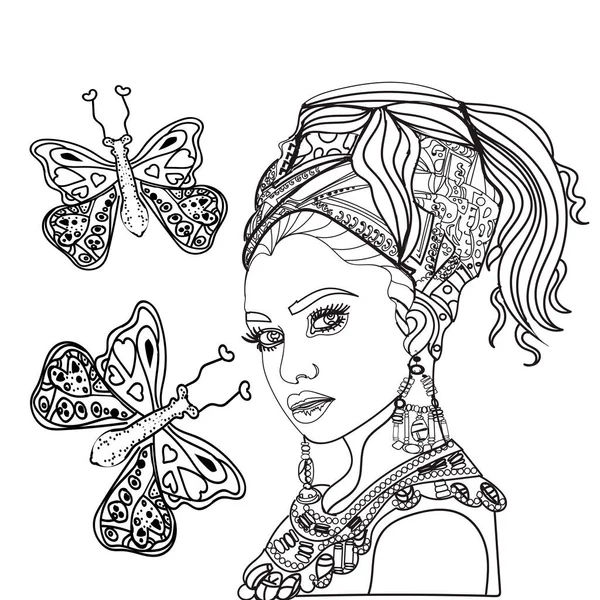 African Fashion Magic Girl Untuk Dewasa Stress Coloring Page Dengan - Stok Vektor