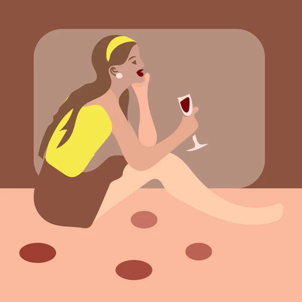 Junge Frau Sitzt Darauf Und Trinkt Wein Wochenendhaus Erholung Freizeit — Stockvektor