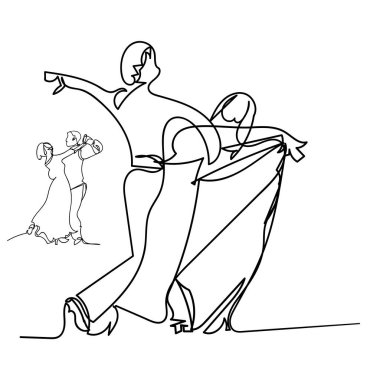 Sürekli bir çizgi çiziyor. Sevgi dolu çift kadın ve erkek dans ediyor. Vektör illüstrasyon logosu