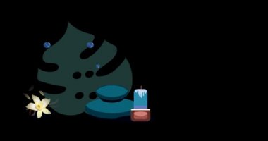 Yanan mum, soyut mavi arkaplanda taşların yansıması, düşen su damlaları. Ağır çekim. Kapatın. Kavram: rahatlama, sağlık, vücut bakımı, spa, doğa, aromaterapi ve kokular, animasyon