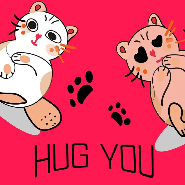 Due gatti carini con abbracci. Illustrazione disegno a mano. — Vettoriale Stock
