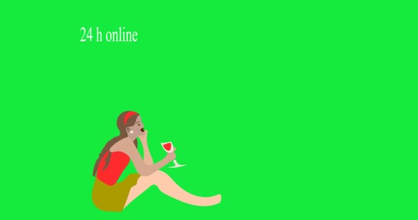 Delivery man or cook from smart phone with hot pizza fast food waiting for customer. Young smiling woman with drink, pay cash for online order. Home delivery. home, 4k animation with green — Stock Video