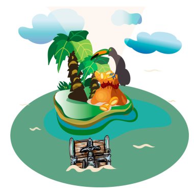 Çizgi film korsan seti, hazine ve karakterli ada, baskılar veya çıkartmalar.