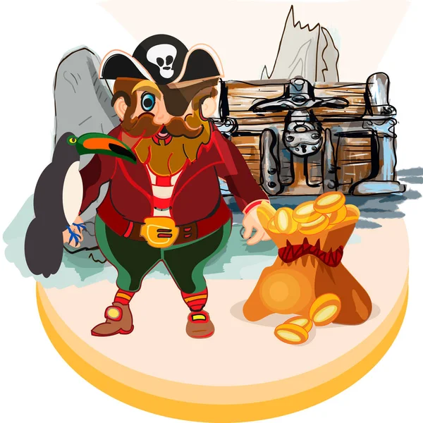Cartoon piraten set, Eiland met schatkist en personages, prints of stickers — Stockvector