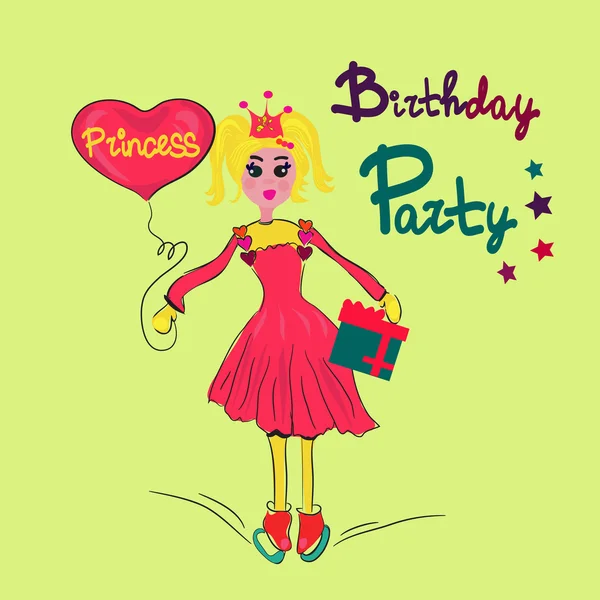 Chica con corazón y presente en la pista de patinaje. Princesa de cumpleaños. Ilustración vectorial — Archivo Imágenes Vectoriales