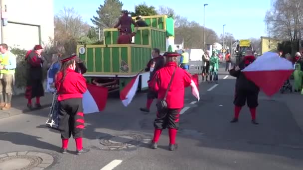 Köln, Duitsland - februari 2015: Straat carnaval in Duitsland met vlag dragers — Stockvideo