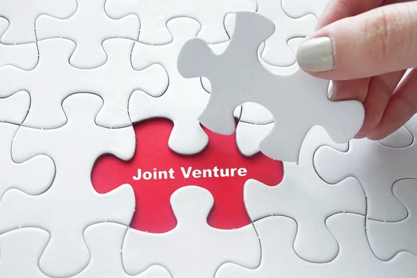 Close up van meisje de hand plaatsen van het laatste stukje van de puzzel met Joint Venture — Stockfoto