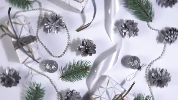 Christmas Abstract Background 360 Degree Rotation Silver Pine Cones Fir — Stock Video