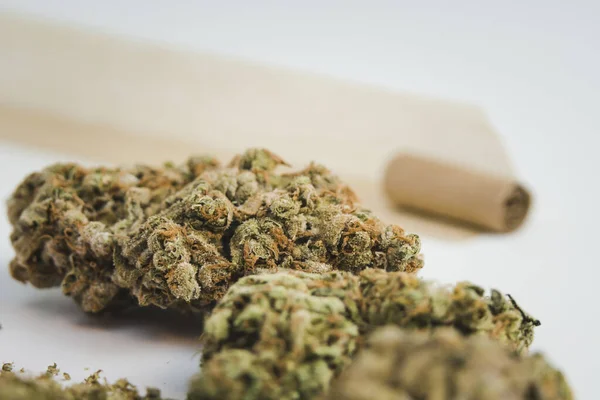 Närbild Medicinska Marijuana Knoppar Med Kvarn Vit Bakgrund Begreppen Alternativ — Stockfoto