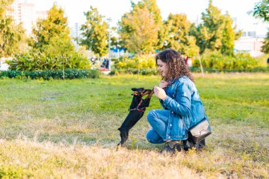 Genç bir kadın dışarıda oynayıp köpeğini eğitiyor. Siyah ve Tan minyatür. Parkta sahibi olan dişi bir köpek.