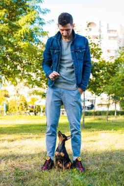 Genç adam dışarıda oynayıp köpeğini eğitiyor. Siyah ve Tan minyatür. Parkta sahibi olan dişi bir köpek.