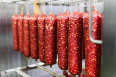 Fabrikada tütsülenmiş sosis üretim hattı. Domuz eti ve salam endüstrisi. Lezzetli yiyecekler ve yiyecekler.