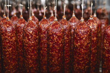 Fabrikada tütsülenmiş sosis üretim hattı. Domuz eti ve salam endüstrisi. Lezzetli yiyecekler ve yiyecekler.