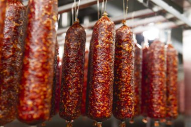 Fabrikada tütsülenmiş sosis üretim hattı. Domuz eti ve salam endüstrisi. Lezzetli yiyecekler ve yiyecekler.