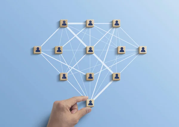 Human resources management, teamwork management or business strategy to success concept. Hand is arranging wooden blocks with human icon in polygon diamond shape network on blue background.