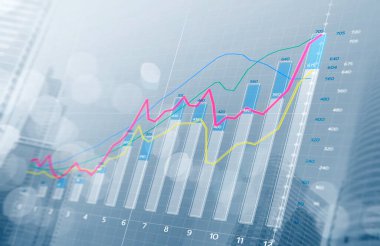 İş büyümesi, ilerleme veya başarı kavramı. Parlak ton arka planında alan derinliği olan finansal çubuk grafikleri ve büyüyen grafikler.