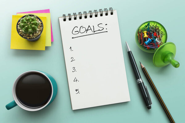 Сверху тетрадь со списком голов. Блокнот на рабочем столе с чашкой кофе, растительных, канцелярских и офисных принадлежностей. Стол с видом сверху, горизонтальная бирюзово-голубая концепция фона.