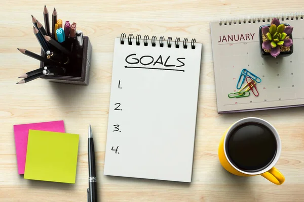 New Year Goals Resolutions Action Plan Concept Notebook Office Table — Stock Photo, Image