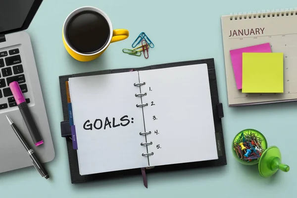 New Year Goals Resolution Action Plan Concept Notebook Table Laptop — Stock Photo, Image