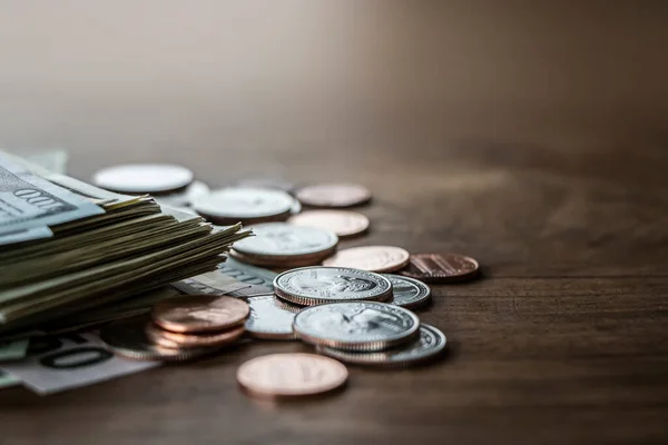 Financial Banking Savings Concept Dollar Banknotes Coins Wood Desk Background — Stock Photo, Image