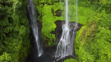Tropikal yağmur ormanlarında güzel bir şelale. Hava görüntüsü 4K