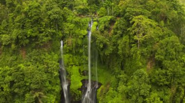 Bali 'deki Sekumpul şelalesi tropikal ormanlarla çevrili. Hava görüntüsü 4K